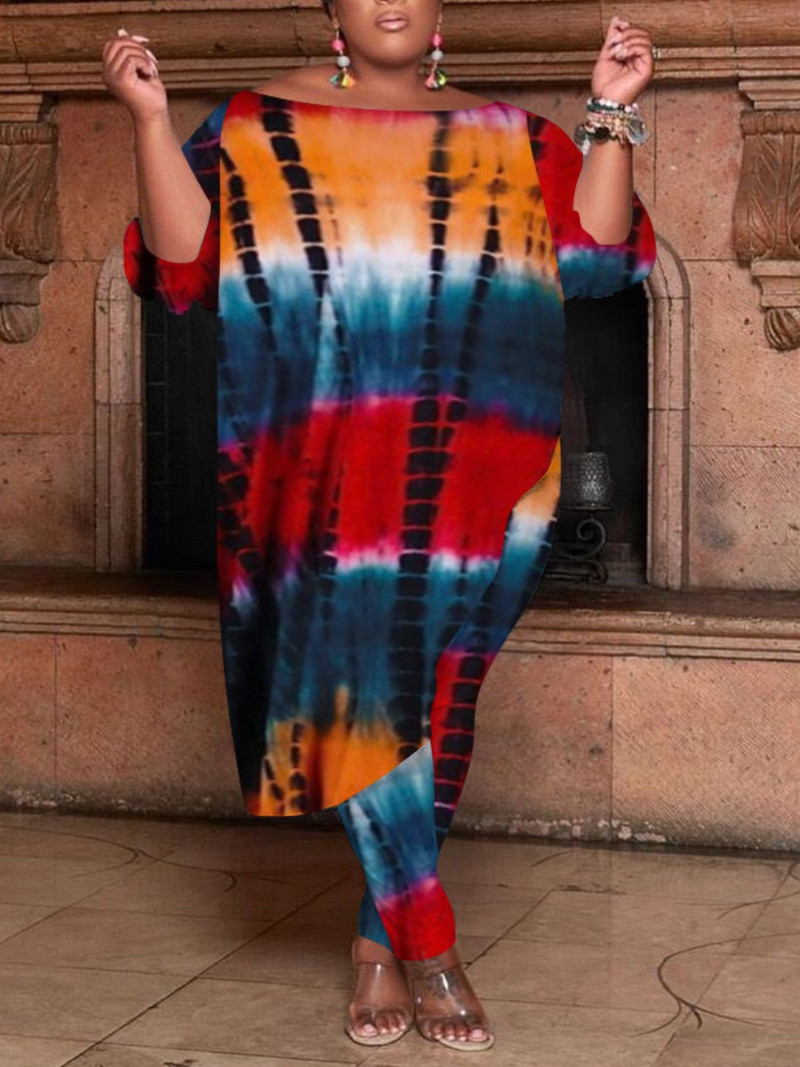 Σετ LW Plus Size Two τεμάχια Round Neck Tie Dye Loose Pants Σετ 2023 Φθινόπωρο χειμώνα ΝΕΑ Γυναικεία αθλητική φόρμα Casual Loose 2 τεμάχια