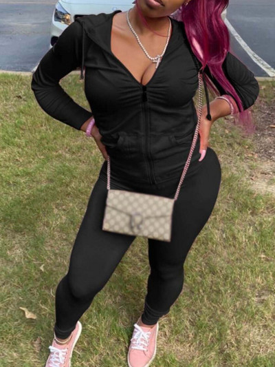 Set de două piese de toamnă LW BASICS Plus Size Trening cu guler, buzunar, mânecă lungă, cu glugă, buzunar cu fermoar, jachete sport + jambiere