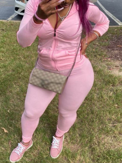 Set de două piese de toamnă LW BASICS Plus Size Trening cu guler, buzunar, mânecă lungă, cu glugă, buzunar cu fermoar, jachete sport + jambiere