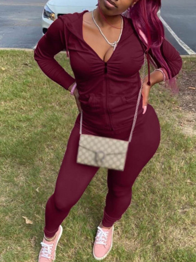 Set de două piese de toamnă LW BASICS Plus Size Trening cu guler, buzunar, mânecă lungă, cu glugă, buzunar cu fermoar, jachete sport + jambiere