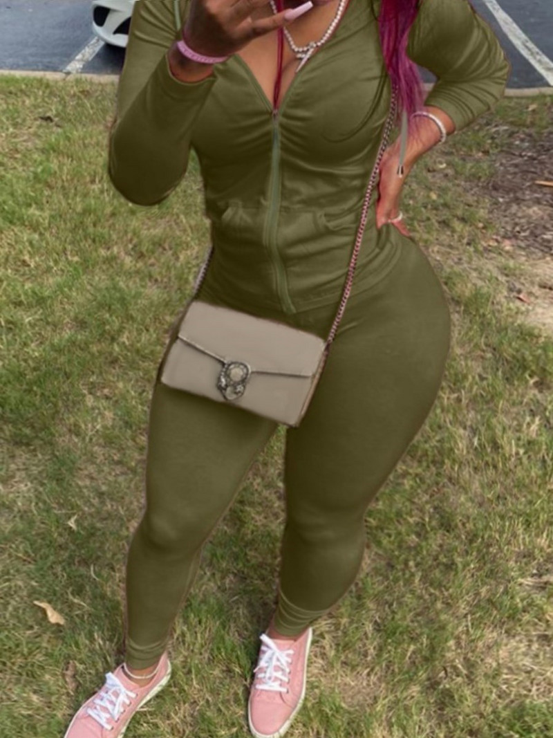 LW φθινοπωρινό σετ δύο τεμαχίων BASICS Plus Size με κουκούλα γιακά με τσέπη Φόρμα μακρυμάνικη με κουκούλα τσέπη με φερμουάρ σπορ μπουφάν + κολάν