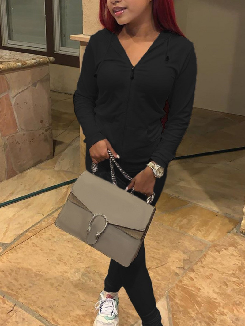 LW φθινοπωρινό σετ δύο τεμαχίων BASICS Plus Size με κουκούλα γιακά με τσέπη Φόρμα μακρυμάνικη με κουκούλα τσέπη με φερμουάρ σπορ μπουφάν + κολάν