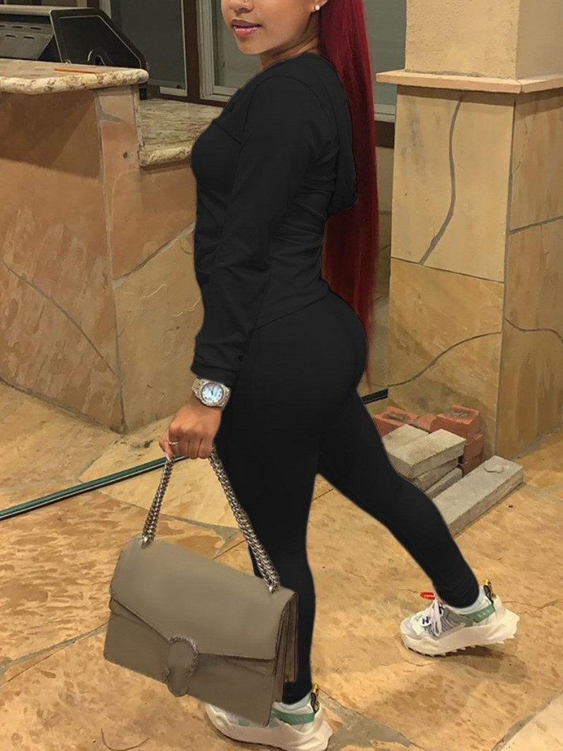 LW φθινοπωρινό σετ δύο τεμαχίων BASICS Plus Size με κουκούλα γιακά με τσέπη Φόρμα μακρυμάνικη με κουκούλα τσέπη με φερμουάρ σπορ μπουφάν + κολάν