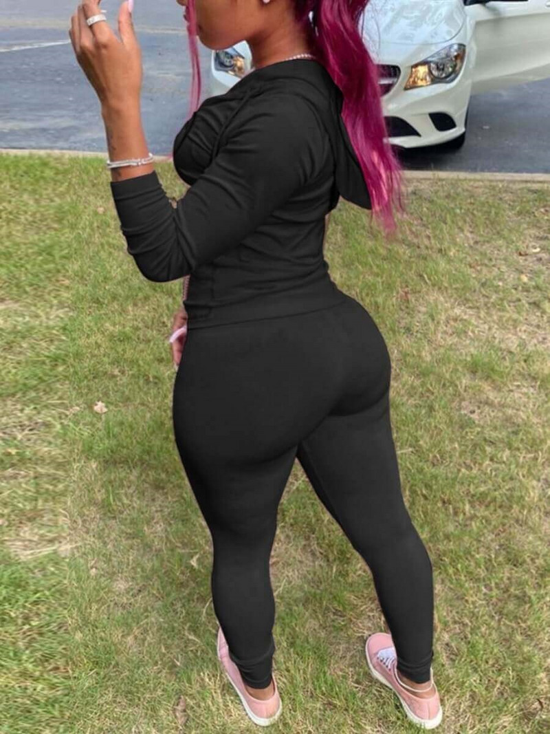 LW φθινοπωρινό σετ δύο τεμαχίων BASICS Plus Size με κουκούλα γιακά με τσέπη Φόρμα μακρυμάνικη με κουκούλα τσέπη με φερμουάρ σπορ μπουφάν + κολάν