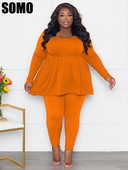 SOMO Plus Size Φθινοπωρινή μόδα Σετ δύο τεμαχίων Γυναικεία μονόχρωμη στρογγυλή λαιμόκοψη Σετ παντελόνι μακρυμάνικο μπλουζάκι Χονδρική Dropshipping