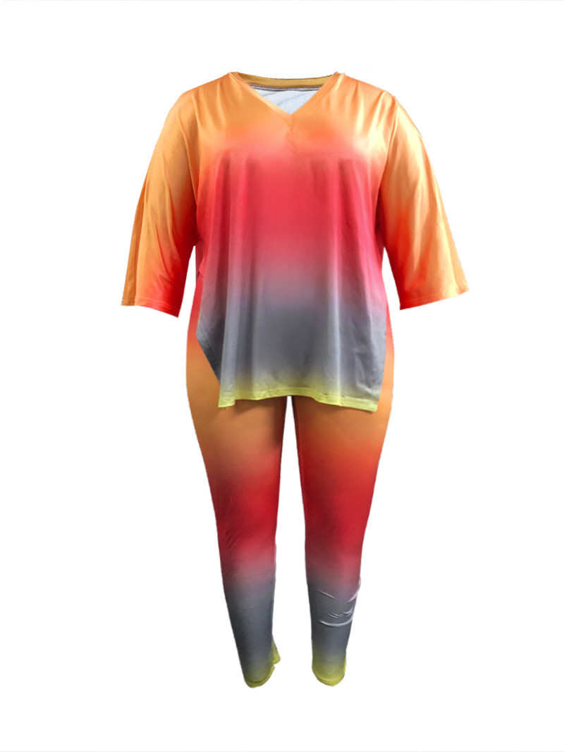 LW Plus Size Two Piece Σετ V λαιμόκοψη Παντελόνι ντεγκραντέ Γυναικείο Φθινοπωρινό Νέο γυναικείο σετ ασορτί μακρυμάνικο κοστούμι παντελόνι