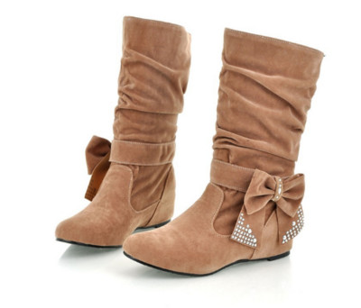 Γυναικείες μπότες με φιόγκο Diamond Flock Ψηλά αυξανόμενα μποτάκια True Size 34 46 47 Mid-Calf Wedges Χαμηλά τακούνια μποτάκια Γυναικεία παπούτσια Round Toe Botas