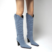 2023 noi de primăvară toamnă cizme din denim pentru femei cu înălțime mijlocie culoare uni pantofi mari dimensiuni femei slip-on Chunky Med tocuri cizme la jumătatea gambei