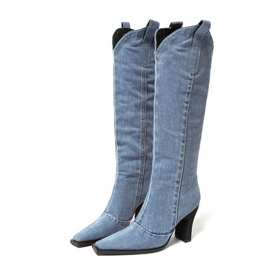 2023 noi de primăvară toamnă cizme din denim pentru femei cu înălțime mijlocie culoare uni pantofi mari dimensiuni femei slip-on Chunky Med tocuri cizme la jumătatea gambei