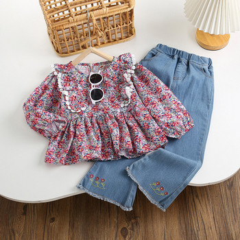 Пролетни есенни костюми за момичета 2023 г. нови детски бебешки ризи на цветя Топове + дънки Дънкови панталони Комплекти дрехи от две части