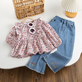 Пролетни есенни костюми за момичета 2023 г. нови детски бебешки ризи на цветя Топове + дънки Дънкови панталони Комплекти дрехи от две части