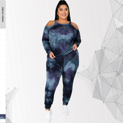 Ρούχα 5xl Plus Size για Γυναικεία Μακρυμάνικο Μπλουζάκι και Σετ παντελονιού με γραβάτα Βαφή δύο τεμαχίων Χονδρική Dropshipping