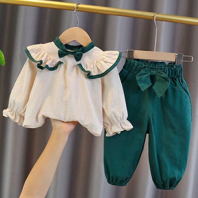 Tüdrukute rõivakomplektid Kevad-sügis Bowknot pluusid Topid + Bloomers Püksid Komplektid Lastele Rõivaste Komplektid Sweet Kids Clothing 2tk