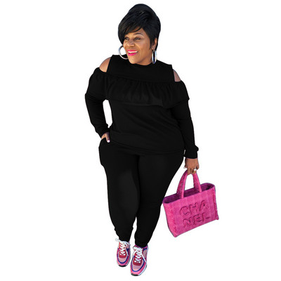 Haine de mărime Plus pentru femei Culoare uni Sport Moda sexy Topuri fără umeri Stretch Street Wear Seturi de două piese Comert cu ridicata