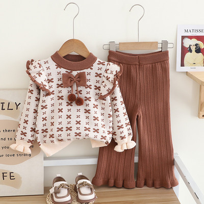 Talvine tüdrukute vabaaja kampsunikomplekt, vibudega beebitüdruk Moodsad kudumid, rõivad 2023. aasta sügise lastekomplektid, komplektid