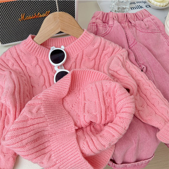 Есенен памучен моден пуловер за момичета в корейски стил Ежедневни външни дрехи за деца от 2 до 8 години