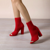 2023 de primăvară noi cizme de damă la modă tricot elastic din țesătură cu vârf deschis Toc pătrat Toc înalt Sexy Dance Blue Botine scurte cu plasă