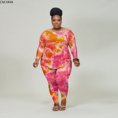 CM.YAYA Plus Size XL-4XL Tie Dye Print Γυναικείο σετ μακρυμάνικο μπλουζάκι μολύβι Παντελόνι κοστούμι αθλητική φόρμα δύο τεμαχίων σετ γυμναστικής