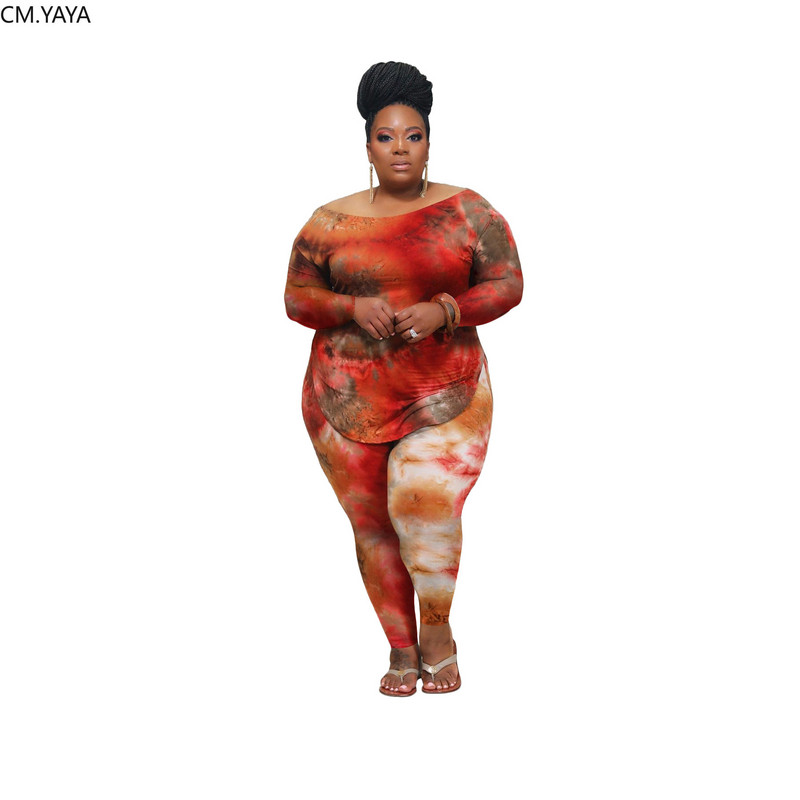 CM.YAYA Plus Size XL-4XL Tie Dye Print Γυναικείο σετ μακρυμάνικο μπλουζάκι μολύβι Παντελόνι κοστούμι αθλητική φόρμα δύο τεμαχίων σετ γυμναστικής