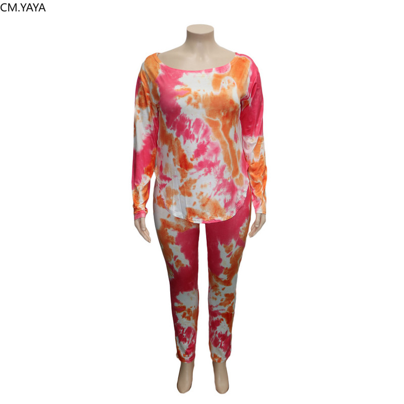 CM.YAYA Plus Size XL-4XL Tie Dye Print Γυναικείο σετ μακρυμάνικο μπλουζάκι μολύβι Παντελόνι κοστούμι αθλητική φόρμα δύο τεμαχίων σετ γυμναστικής
