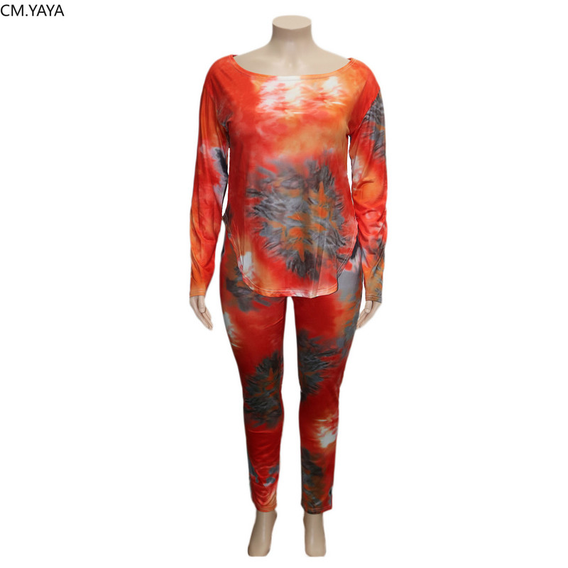 CM.YAYA Plus Size XL-4XL Tie Dye Print Γυναικείο σετ μακρυμάνικο μπλουζάκι μολύβι Παντελόνι κοστούμι αθλητική φόρμα δύο τεμαχίων σετ γυμναστικής