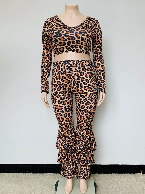 Sexy Outfits Women Plus Size Two Piece Σετ μακρυμάνικο μπλουζάκι και παντελόνι Leopard print outfits 5xl Χονδρική χονδρική Dropshipping