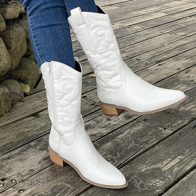 Χρυσές μπότες στη μέση της γάμπας Γυναικείο φερμουάρ στο πλάι Ασημί μυτερές Western Cowboy Μπότες Ρετρό μόδα Μαύρες μπότες συν μέγεθος 36-43 Γυναικείες μπότες