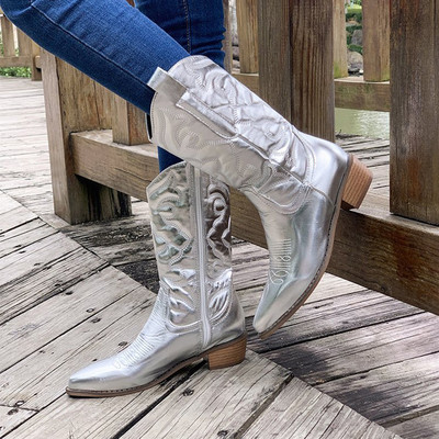 Χρυσές μπότες στη μέση της γάμπας Γυναικείο φερμουάρ στο πλάι Ασημί μυτερές Western Cowboy Μπότες Ρετρό μόδα Μαύρες μπότες συν μέγεθος 36-43 Γυναικείες μπότες