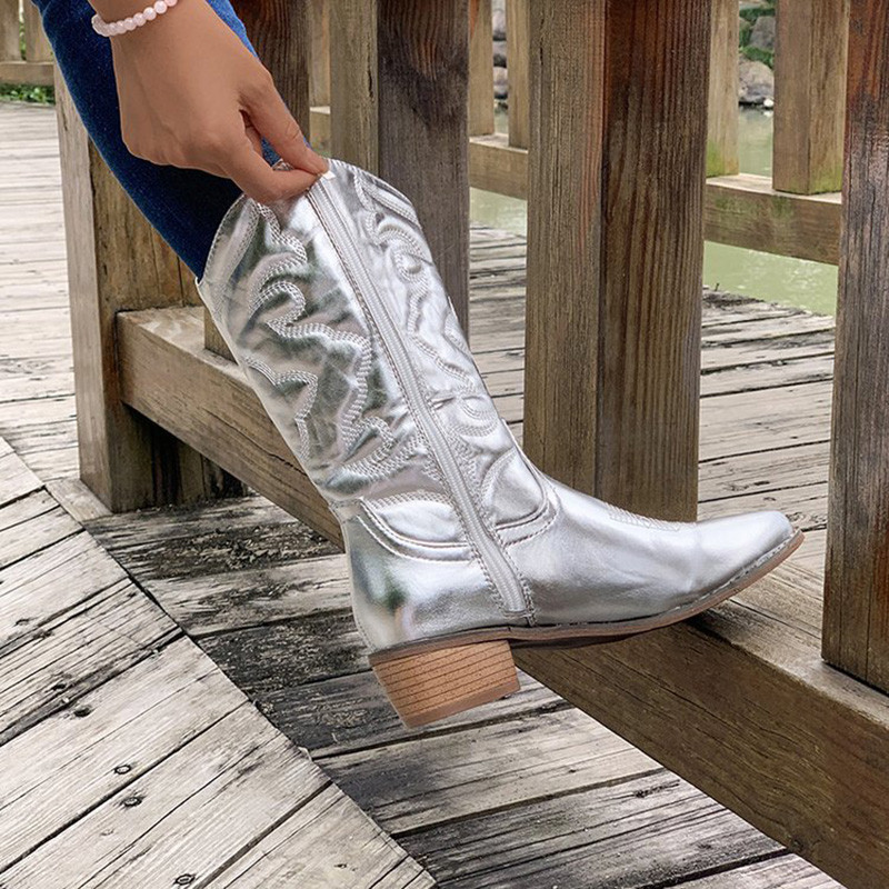 Χρυσές μπότες στη μέση της γάμπας Γυναικείο φερμουάρ στο πλάι Ασημί μυτερές Western Cowboy Μπότες Ρετρό μόδα Μαύρες μπότες συν μέγεθος 36-43 Γυναικείες μπότες
