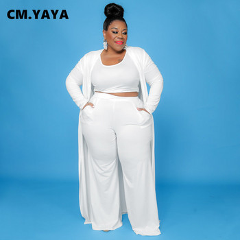 CM.YAYA Големи размери Дамски костюм с прави панталони + дълъг часовник с отворен бод + Комплект от 3 части Outftis Street Curve, подходящ за потник