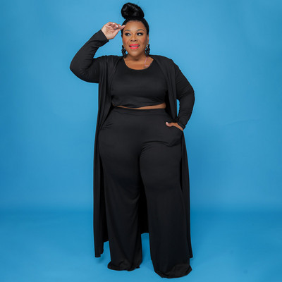 CM.YAYA Plus Size Γυναικεία ίσια φόρμα παντελόνι + Μακρύ ανοιχτό ρολόι βελονιάς + ταιριαστή ρεζερβουάρ 3 τεμαχίων σετ Outftis Street Curve