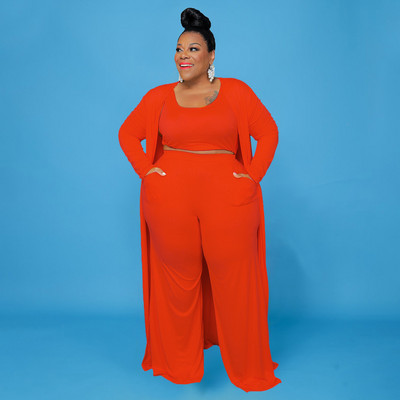 CM.YAYA Plus Size Γυναικεία ίσια φόρμα παντελόνι + Μακρύ ανοιχτό ρολόι βελονιάς + ταιριαστή ρεζερβουάρ 3 τεμαχίων σετ Outftis Street Curve