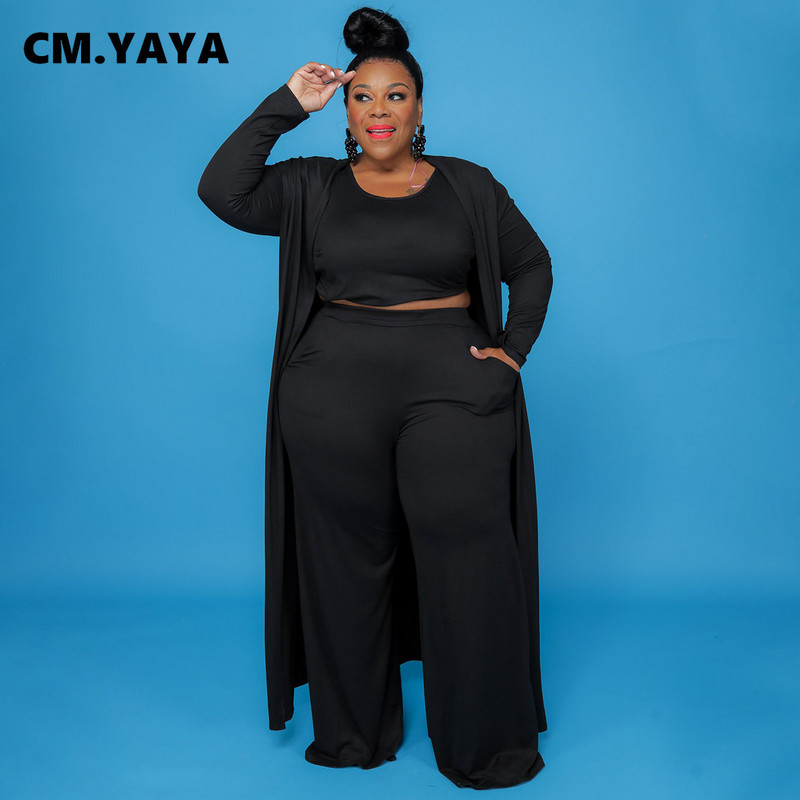 CM.YAYA Plus Size Γυναικεία ίσια φόρμα παντελόνι + Μακρύ ανοιχτό ρολόι βελονιάς + ταιριαστή ρεζερβουάρ 3 τεμαχίων σετ Outftis Street Curve