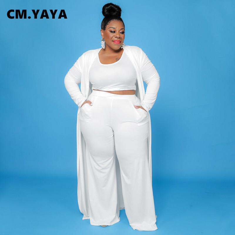 CM.YAYA Plus Size Γυναικεία ίσια φόρμα παντελόνι + Μακρύ ανοιχτό ρολόι βελονιάς + ταιριαστή ρεζερβουάρ 3 τεμαχίων σετ Outftis Street Curve
