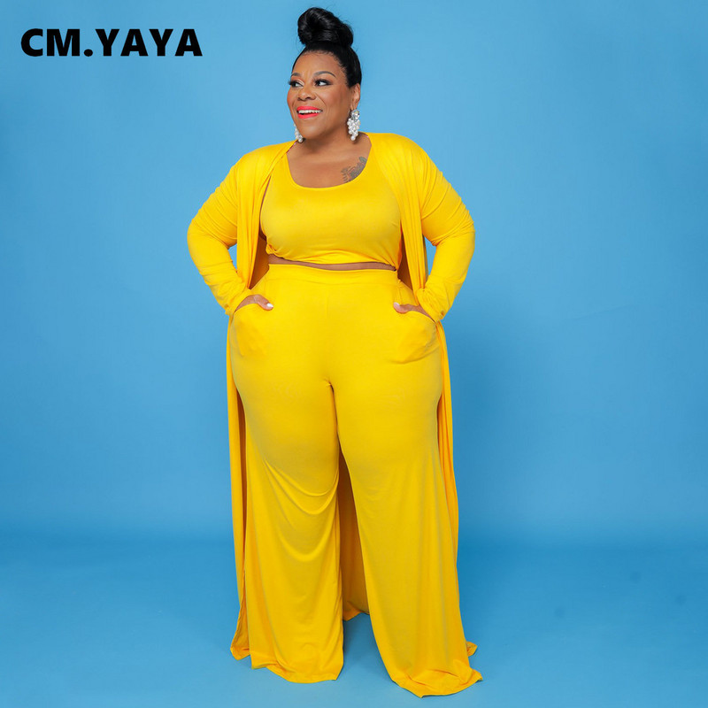 CM.YAYA Plus Size Γυναικεία ίσια φόρμα παντελόνι + Μακρύ ανοιχτό ρολόι βελονιάς + ταιριαστή ρεζερβουάρ 3 τεμαχίων σετ Outftis Street Curve