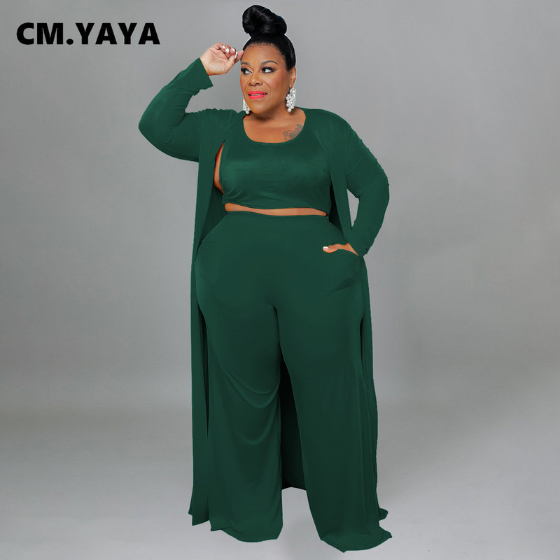 CM.YAYA Plus Size Γυναικεία ίσια φόρμα παντελόνι + Μακρύ ανοιχτό ρολόι βελονιάς + ταιριαστή ρεζερβουάρ 3 τεμαχίων σετ Outftis Street Curve