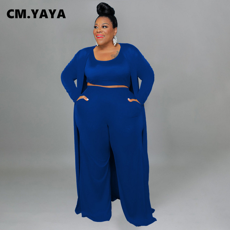 CM.YAYA Plus Size Γυναικεία ίσια φόρμα παντελόνι + Μακρύ ανοιχτό ρολόι βελονιάς + ταιριαστή ρεζερβουάρ 3 τεμαχίων σετ Outftis Street Curve