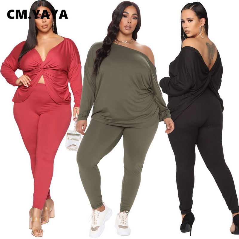 CM.YAYA Φθινοπωρινό Γυναικείο Σετ Winter Plus Size μακρυμάνικο Διπλά μπλουζάκια και παντελόνια αθλητική φόρμα δύο τεμαχίων σετ γυμναστικής