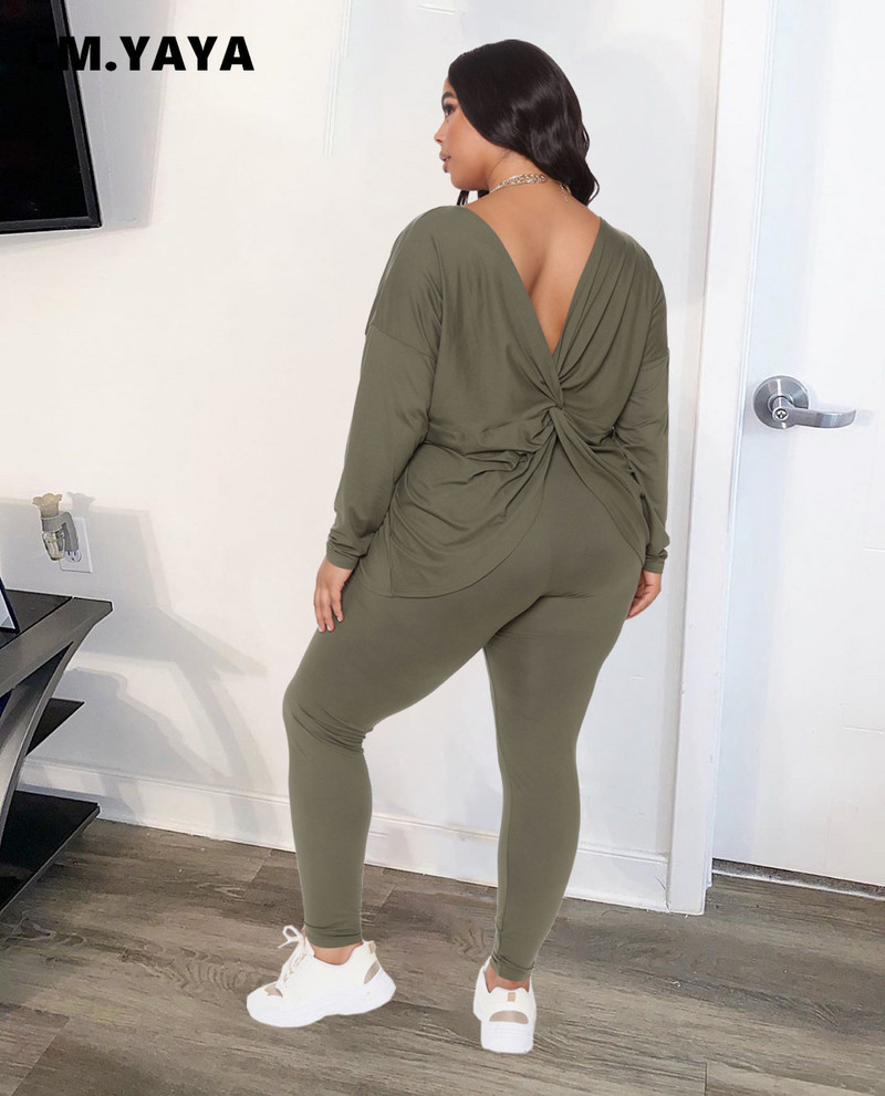 CM.YAYA Φθινοπωρινό Γυναικείο Σετ Winter Plus Size μακρυμάνικο Διπλά μπλουζάκια και παντελόνια αθλητική φόρμα δύο τεμαχίων σετ γυμναστικής