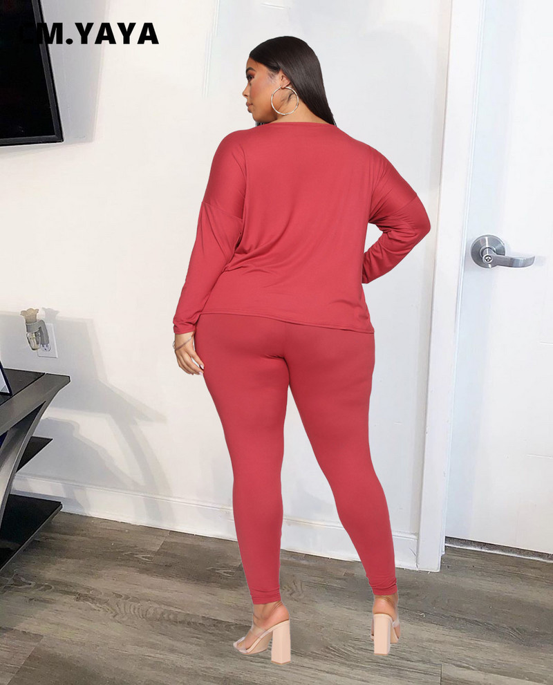 CM.YAYA Φθινοπωρινό Γυναικείο Σετ Winter Plus Size μακρυμάνικο Διπλά μπλουζάκια και παντελόνια αθλητική φόρμα δύο τεμαχίων σετ γυμναστικής