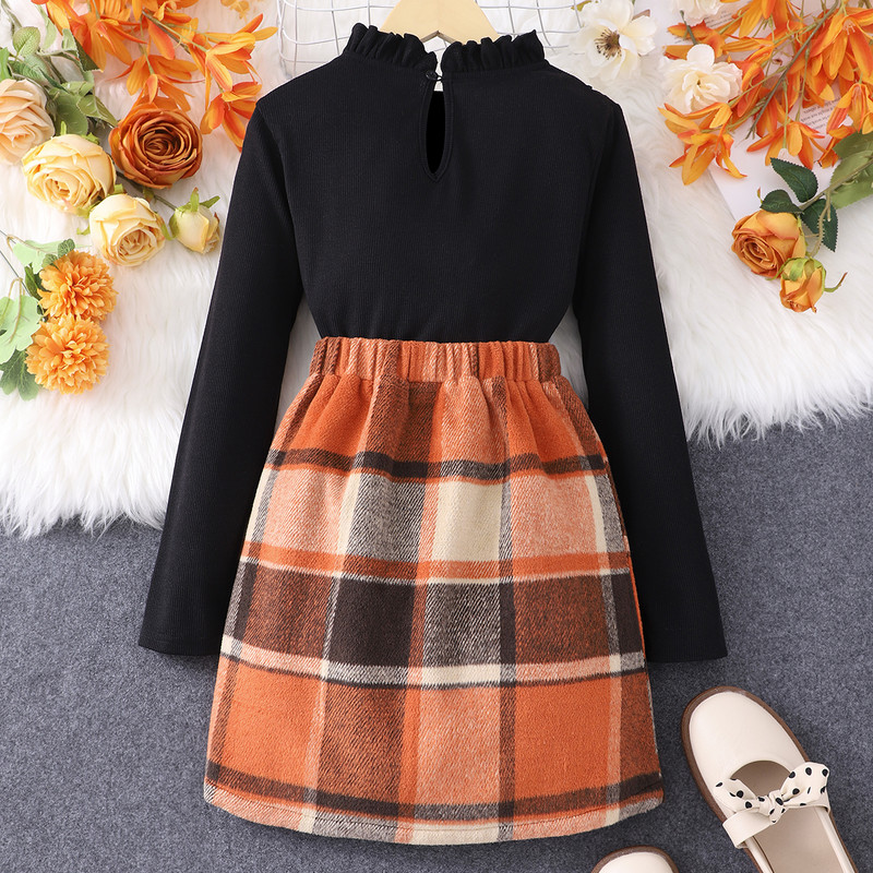 2023 Φθινόπωρο Χειμώνας Παιδικά ρούχα για κορίτσια Μακρυμάνικο βολάν μασίφ μπλουζάκι + καρό μισή φούστα casual fashion σετ 8 9 10 11 12 ετών