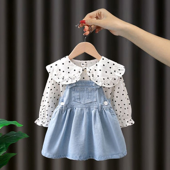 Μικρά παιδιά 2023 Κορεάτικη Παιδική Ανοιξιάτικη μπλούζα για κορίτσια και μπλε τζιν ζαρτιέρες Σετ δύο τεμαχίων Ρούχα από 2 έως 7 ετών