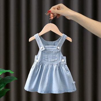 Малки деца 2023 Корейска детска пролетна тениска за момичета и синя дънкова пола с тиранти Комплект от две части Дрехи от 2 до 7 години