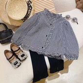 Haine în stil coreean Copii de sus și de jos Seturi de pantaloni din bumbac în carouri alb-negru Fete elementare Casual de la 2 la 7 ani