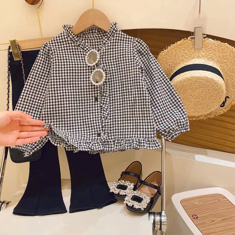 Haine în stil coreean Copii de sus și de jos Seturi de pantaloni din bumbac în carouri alb-negru Fete elementare Casual de la 2 la 7 ani