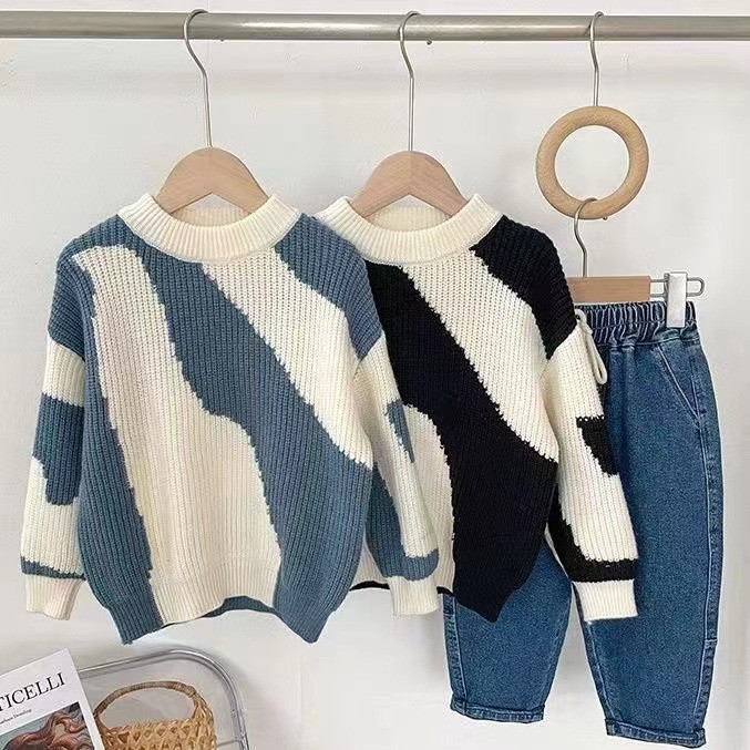 Πουλόβερ Φθινόπωρο Χειμερινή σεζόν Αγόρια Κορεάτικα Όμορφα Πυκνωμένα Μωρά Νέα Παιδικά Ρούχα Πλεκτά Στρογγυλά Ριγέ γιακά