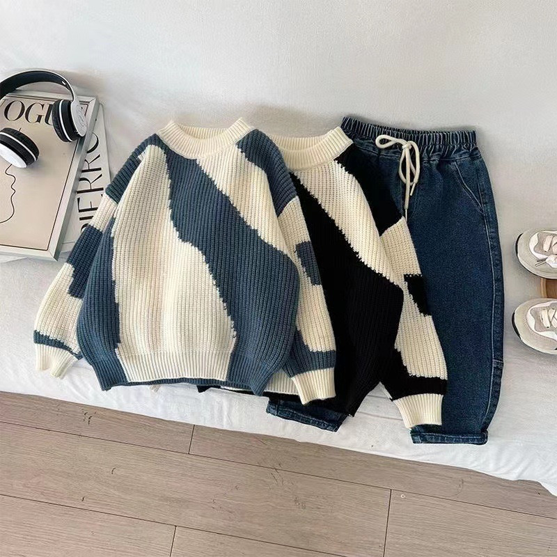 Πουλόβερ Φθινόπωρο Χειμερινή σεζόν Αγόρια Κορεάτικα Όμορφα Πυκνωμένα Μωρά Νέα Παιδικά Ρούχα Πλεκτά Στρογγυλά Ριγέ γιακά