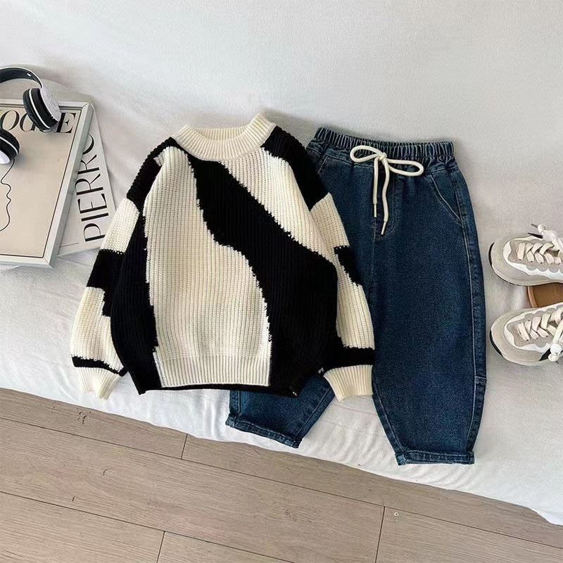 Πουλόβερ Φθινόπωρο Χειμερινή σεζόν Αγόρια Κορεάτικα Όμορφα Πυκνωμένα Μωρά Νέα Παιδικά Ρούχα Πλεκτά Στρογγυλά Ριγέ γιακά