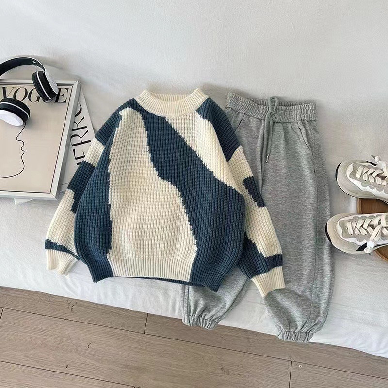 Πουλόβερ Φθινόπωρο Χειμερινή σεζόν Αγόρια Κορεάτικα Όμορφα Πυκνωμένα Μωρά Νέα Παιδικά Ρούχα Πλεκτά Στρογγυλά Ριγέ γιακά