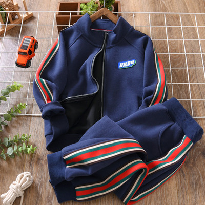 Set de jogging pentru copii de școală, trening, cu fermoar, în dungi, pentru băieți, fleece, hanorac + pantaloni de trening, ținute pentru copii, primăvară, toamnă, 3-14 ani